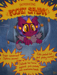 Size: 3024x4032 | Tagged: safe, artist:wispy tuft, the sphinx, sphinx, g4, chibi, clothes, cough* jinxy (character), cute, description is relevant, ear fluff, egyptian, excessive fluff, fake ad, headdress, jeans, jewelry, macro, macro/micro, marsupial, micro, pants, pocket sphinx, solo, spread wings, tiny giantess, wholesome, wings