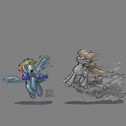 Size: 2000x2000 | Tagged: safe, artist:rigbyh00ves, derpy hooves, rainbow dash, pegasus, pony, g4, atg 2020, duo, female, gotta go fast, gray background, high res, newbie artist training grounds, open mouth, scared, simple background, this will end in pain