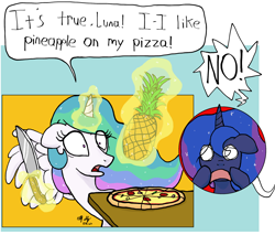 Size: 2000x1700 | Tagged: safe, artist:ebbysharp, princess celestia, princess luna, alicorn, pony, g4, atg 2020, duo, food, glowing horn, herbivore, horn, knife, magic, newbie artist training grounds, pineapple, pineapple pizza, pizza, pure unfiltered evil, speech bubble, telekinesis, that pony sure does love pineapple pizza, traumatized