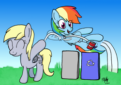 Size: 1700x1200 | Tagged: safe, artist:ebbysharp, derpy hooves, rainbow dash, pegasus, pony, g4, atg 2020, can, duo, eyes closed, female, newbie artist training grounds, recycling, trash