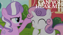 Size: 1280x720 | Tagged: safe, edit, edited screencap, editor:quoterific, screencap, diamond tiara, sweetie belle, earth pony, pony, unicorn, g4, season 4, twilight time, ^^, annoyed, cute, diamond tiara is not amused, diasweetes, duo, duo female, eyes closed, female, filly, frown, grin, open mouth, ponyville schoolhouse, smiling, unamused