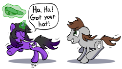 Size: 1713x978 | Tagged: safe, artist:ebbysharp, oc, oc only, oc:colorant artiste, pony, accessory theft, chase, duo, female, glowing horn, hat, horn, magic, male, running, simple background, speech bubble, telekinesis, white background