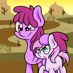 Size: 1976x1976 | Tagged: safe, artist:dinkyuniverse, berry punch, berryshine, piña colada, earth pony, pony, g4, atg 2021, background pony, cactus, desert, duo, female, filly, mare, newbie artist training grounds, siblings, sisters