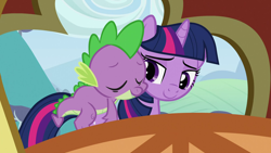 Size: 1920x1080 | Tagged: safe, screencap, spike, twilight sparkle, dragon, pony, unicorn, g4, season 3, the crystal empire, female, male, mare, sleeping, smiling, unicorn twilight