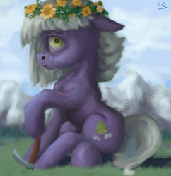 Size: 1280x1320 | Tagged: safe, artist:hailmace, limestone pie, earth pony, pony, g4, crying, floral head wreath, flower, pickaxe, sad, sitting, solo