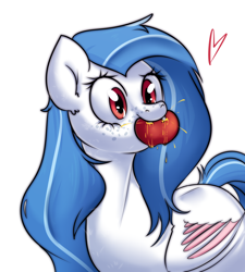 Size: 1800x2000 | Tagged: safe, artist:ranillopa, oc, oc only, oc:alma, bat pony, pony, apple, biting, female, food, heart, simple background, solo, white background