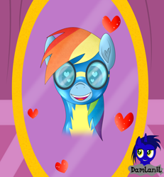 Size: 3840x4154 | Tagged: safe, alternate version, artist:damlanil, rainbow dash, pegasus, pony, g4, blushing, carousel boutique, catsuit, clothes, cute, dashabetes, female, happy, heart, heart eyes, latex, latex suit, looking at you, mare, mirror, open mouth, rubber, shine, shiny, simple background, smiling, solo, suit, uniform, vector, wingding eyes, wings, wonderbolts, wonderbolts uniform