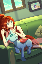 Size: 2000x3000 | Tagged: safe, artist:littletigressda, ocellus, oc, changedling, changeling, human, fanfic:come see the cuddlebug, g4, couch, cuddlebug, cuddling, duo, fanfic, fanfic art, fanfic cover, female, high res, human oc