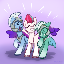 Size: 2048x2048 | Tagged: safe, artist:pfeffaroo, thunder flap, zipp storm, zoom zephyrwing, pegasus, pony, g5, adorazipp, colored wings, cute, eyebrows, eyebrows visible through hair, eyes closed, female, gradient background, grin, guard, guardsmare, high res, laughing, male, mare, multicolored wings, open mouth, open smile, pegasus royal guard, raised hoof, royal guard, smiling, spread wings, stallion, trio, unshorn fetlocks, wings