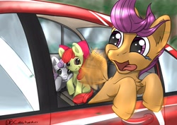 Size: 4093x2894 | Tagged: safe, artist:playful wings, apple bloom, scootaloo, sweetie belle, earth pony, pegasus, pony, unicorn, g4, behaving like a dog, car, crying, cutie mark crusaders, scootapup, teary eyes, tongue out