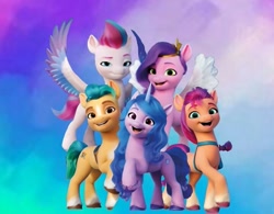 Size: 719x561 | Tagged: safe, edit, hitch trailblazer, izzy moonbow, pipp petals, sunny starscout, zipp storm, earth pony, pegasus, pony, unicorn, g5, female, group shot, male, mane five, mare, stallion