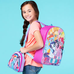 Size: 520x520 | Tagged: safe, applejack, fluttershy, pinkie pie, rainbow dash, rarity, twilight sparkle, alicorn, earth pony, human, pegasus, unicorn, g4, official, backpack, blue background, heart, irl, irl human, lunchbox, merchandise, photo, pony friends, rainbow, simple background, stock photo, stock vector, target demographic, twilight sparkle (alicorn)