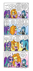 Size: 1003x2147 | Tagged: safe, artist:zero-q, adagio dazzle, aria blaze, sonata dusk, human, equestria girls, g4, 4 panel comic, 4koma, behaving like a chicken, comic, commission, crossed arms, dialogue, drool, entranced, eyes closed, female, finger snap, food, gradient background, hypnosis, hypnotist, hypnotized, japanese reading order, music notes, obedience, onomatopoeia, open mouth, open smile, pendulum swing, pocket watch, scared, shrunken pupils, smiling, smug, speech bubble, swirly eyes, taco, the dazzlings, trio, trio female, turned head