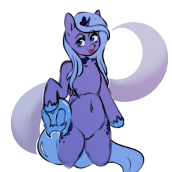 Size: 4000x4000 | Tagged: safe, artist:ranillopa, princess luna, alicorn, semi-anthro, g4, arm hooves, belly button, helmet, implied nightmare moon, solo, tongue out
