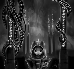 Size: 3330x3086 | Tagged: safe, artist:kviksi, pony, unicorn, book, cape, clothes, high res, looking at you, lovecraft, monochrome, open mouth, pentagram, pillar, robe, runes, solo, tentacles