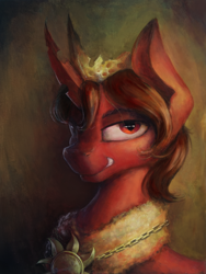 Size: 4782x6376 | Tagged: safe, artist:blvckmagic, oc, oc only, oc:red flux, changeling, moth, mothling, original species, absurd file size, absurd resolution, bust, chest fluff, crown, eyebrows, grin, horn, jewelry, lidded eyes, looking at you, male, medallion, portrait, red changeling, regalia, smiling, smiling at you, smug, solo