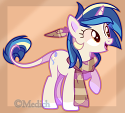 Size: 1702x1541 | Tagged: safe, artist:mediasmile666, oc, oc only, pony, unicorn, abstract background, clothes, feather, female, leonine tail, mare, raised hoof, scarf, smiling, solo
