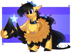 Size: 2780x2053 | Tagged: safe, artist:mediasmile666, oc, oc only, pegasus, pony, abstract background, collar, colored hooves, female, high res, mare, spread wings, stars, two toned wings, wings