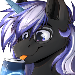 Size: 2500x2500 | Tagged: safe, artist:lionbun, oc, oc:night shadow, pony, unicorn, bust, coke, commission, drink, glasses, high res, icon, male, mlem, portrait, silly, soda, stallion, tongue out