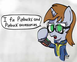 Size: 1284x1028 | Tagged: safe, artist:ebbysharp, oc, oc only, oc:littlepip, pony, unicorn, fallout equestria, clothes, glasses, hank hill, jumpsuit, king of the hill, parody, pipbuck, solo, vault suit