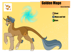 Size: 4961x3508 | Tagged: safe, artist:oneiria-fylakas, oc, oc only, oc:golden mage, pony, unicorn, absurd resolution, horn, looking at you, male, raised hoof, reference sheet, smiling, smiling at you, solo, stallion, unicorn oc