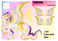 Size: 1920x1358 | Tagged: safe, artist:oneiria-fylakas, princess celestia, pony, g4, alternate design, colored wings, colored wingtips, reference sheet, solo