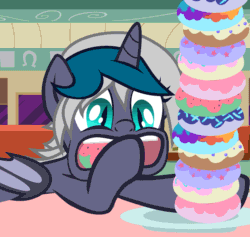 Size: 2117x2008 | Tagged: safe, artist:bonnienotbunny, oc, oc only, oc:elizabat stormfeather, alicorn, bat pony, bat pony alicorn, pony, the ending of the end, alicorn oc, animated, bat pony oc, bat wings, commission, diner, donut, eating, female, food, gif, herbivore, high res, horn, mare, nom, open mouth, plate, solo, sprinkles, stuffing, table, this will end in weight gain, wings, ych result