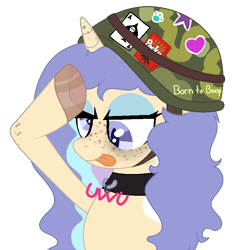 Size: 800x806 | Tagged: safe, artist:basemaker, artist:calibykitty, oc, oc only, oc:mish-mash, alicorn, pony, :p, ace of spades, alicorn oc, army helmet, base used, camouflage, collar, derp, eyeshadow, female, food, freckles, heart, helmet, horn, makeup, mare, markings, multicolored hair, playing card, pocky, simple background, solo, stars, sticker, tongue out, transparent background, unshorn fetlocks, uwu, wings