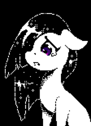 Size: 1120x1540 | Tagged: safe, artist:terrafomer, marble pie, earth pony, pony, g4, black background, bust, female, floppy ears, hair over one eye, looking at something, looking away, mare, open mouth, partial color, pixel art, portrait, sad, simple background, sitting, solo, teary eyes, three quarter view