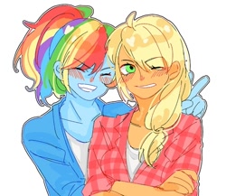 Size: 500x433 | Tagged: artist needed, source needed, safe, applejack, rainbow dash, equestria girls, g4, blushing, bunny ears (gesture), crossed arms, eye clipping through hair, eyebrows, eyebrows visible through hair, eyes closed, female, grin, lesbian, one eye closed, ship:appledash, shipping, smiling