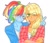 Size: 500x433 | Tagged: artist needed, source needed, safe, applejack, rainbow dash, equestria girls, g4, blushing, bunny ears (gesture), crossed arms, eye clipping through hair, eyebrows, eyebrows visible through hair, eyes closed, female, grin, lesbian, one eye closed, ponytail, ship:appledash, shipping, smiling