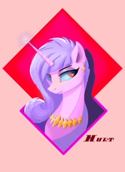 Size: 2132x2920 | Tagged: safe, artist:e0tkvvitmzxvx0a, artist:i love hurt, oc, oc only, oc:obsidian hurt, pony, unicorn, bust, digital art, ear piercing, earring, high res, horn, jewelry, looking at each other, male, necklace, piercing, pink body, portrait, red eyes, simple background, smiling, solo, stallion, trap, unicorn oc, violet hair
