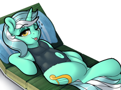 Size: 984x732 | Tagged: safe, artist:llametsul, lyra heartstrings, pony, unicorn, g4, ;p, belly button, blushing, clothes, cutie mark, eyeshadow, female, horn, looking at you, lounging, lying down, makeup, mare, navel cutout, on back, one eye closed, one-piece swimsuit, simple background, smiling, solo, sparkles, sticker, stupid sexy lyra, swimsuit, tongue out, towel, transparent background, wink, winking at you