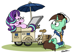 Size: 2241x1650 | Tagged: safe, artist:bobthedalek, starlight glimmer, oc, pony, unicorn, g4, atg 2021, basket, bicycle, clothes, hat, ice cream stand, necktie, newbie artist training grounds, relief, tongue out, umbrella