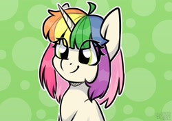 Size: 3508x2480 | Tagged: safe, artist:jellysketch, oc, oc only, pony, unicorn, cute, eye clipping through hair, female, high res, horn, mare, multicolored hair, ocbetes, rainbow hair, simple background, smiling, solo, unicorn oc