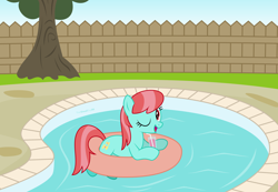 Size: 5840x4044 | Tagged: safe, artist:starcollider, strawberry ice, earth pony, pony, g4, absurd resolution, atg 2021, drink, female, fence, floaty, mare, newbie artist training grounds, show accurate, solo, swimming pool, tree, vector
