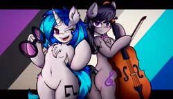 Size: 2048x1171 | Tagged: safe, alternate version, artist:canvymamamoo, dj pon-3, octavia melody, vinyl scratch, earth pony, unicorn, semi-anthro, g4, abstract background, arm hooves, belly button, bipedal, blushing, bow (instrument), bowtie, breasts, butt, cello, cello bow, chest fluff, dock, duo, duo female, ear fluff, female, heart eyes, holding, lidded eyes, looking at you, mare, musical instrument, one eye closed, open mouth, open smile, plot, smiling, smiling at you, sunglasses, underhoof, wingding eyes, wink, winking at you