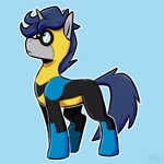Size: 2480x2480 | Tagged: safe, artist:jellysketch, oc, oc only, pony, unicorn, blue background, clothes, high res, horn, invincible, male, simple background, skintight clothes, solo, stallion, superhero, unicorn oc