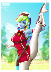 Size: 1131x1600 | Tagged: safe, alternate version, artist:ecchiningyon, rainbow dash, human, equestria girls, g4, armpits, bowtie, breasts, busty rainbow dash, clothes, cosplay, costume, female, gold ship, gold ship's, hat, high heels, looking at you, multiple variants, open mouth, open smile, outdoors, peace sign, ponied up, sexy, shoes, smiling, smiling at you, solo, splits, spread legs, spread wings, spreading, standing, standing splits, stretching, stupid sexy rainbow dash, uma musume pretty derby, wings