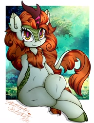 Size: 1577x2048 | Tagged: safe, artist:canvymamamoo, autumn blaze, kirin, anthro, semi-anthro, unguligrade anthro, arm behind back, awwtumn blaze, belly button, breasts, cloven hooves, crossed legs, cute, cute little fangs, ear fluff, fangs, female, looking at you, sitting, smiling, smiling at you, solo, sun ray, tree