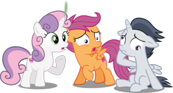 Size: 3411x1848 | Tagged: safe, artist:frownfactory, artist:slb94, edit, edited edit, editor:slayerbvc, vector edit, rumble, scootaloo, sweetie belle, alicorn, pegasus, pony, unicorn, g4, alicornified, colt, cutie mark, derp, dizzy, female, filly, floppy ears, high res, horn, male, oops, race swap, raised hoof, rumblecorn, shocked, simple background, sitting, smoking horn, the cmc's cutie marks, transparent background, trio, vector, what has magic done