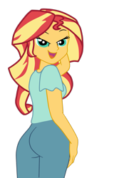 Size: 1125x1755 | Tagged: safe, artist:gmaplay, sunset shimmer, equestria girls, g4, ass, bunset shimmer, butt, female, looking at you, open mouth, open smile, rear view, simple background, smiling, smiling at you, solo, the ass was fat, transparent background