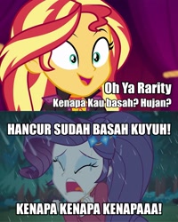 Size: 1831x2289 | Tagged: safe, edit, edited screencap, screencap, rarity, sunset shimmer, equestria girls, equestria girls specials, g4, inclement leather, my little pony equestria girls: choose your own ending, my little pony equestria girls: sunset's backstage pass, caption, comparison, cute, duo, duo female, eyes closed, female, frown, high res, image macro, implied crying, indonesian, marshmelodrama, music festival outfit, open mouth, open smile, rain, rarity being rarity, shimmerbetes, shrunken pupils, smiling, text, translated in the comments
