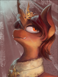 Size: 898x1193 | Tagged: safe, artist:blvckmagic, oc, oc only, oc:red flux, changeling, insect, moth, mothling, original species, bust, chest fluff, crown, grin, horn, jewelry, male, medallion, portrait, red changeling, regalia, smiling, smug, solo