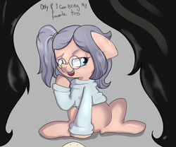 Size: 3000x2500 | Tagged: safe, artist:dumbwoofer, oc, oc:floor bored, oc:taku, pony, blank flank, braces, clothes, first person view, glasses, high res, neet, offscreen character, pov, side ponytail, sitting, smiling, text