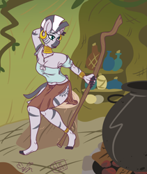 Size: 1600x1900 | Tagged: safe, artist:erynerikard, zecora, zebra, anthro, plantigrade anthro, g4, bangles, barefoot, boob window, bracelet, breasts, cauldron, cleavage, clothes, digital art, ear piercing, earring, feet, female, jewelry, neck rings, nekc r, off shoulder, piercing, side slit, solo, staff, zecora's hut