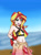 Size: 1280x1714 | Tagged: safe, artist:rizubezukyu, sunset shimmer, human, equestria girls, g4, :d, beach, clothes, female, hand on hip, open mouth, outdoors, sarong, signature, sleeveless, smiling, solo, swimsuit, traditional art