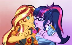 Size: 4687x2962 | Tagged: safe, artist:rizubezukyu, sci-twi, sunset shimmer, twilight sparkle, equestria girls, g4, :d, abstract background, bust, clothes, eye clipping through hair, eyebrows, eyebrows visible through hair, female, glasses, grin, heart, heart hands, high res, lesbian, one eye closed, open mouth, open smile, ship:sci-twishimmer, ship:sunsetsparkle, shipping, side hug, signature, smiling, wink