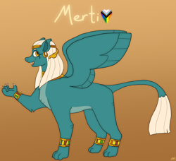 Size: 1580x1440 | Tagged: safe, artist:greenarsonist, oc, oc only, oc:merti, sphinx, bracelet, claws, ear piercing, earring, jewelry, lgbt, lgbt flag, makeup, piercing, solo, sphinx oc, wings