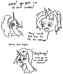 Size: 764x897 | Tagged: safe, artist:jargon scott, oc, oc:dyx, oc:okie dokey loki, alicorn, pony, unicorn, bad parenting, black and white, cigarette, comic, dialogue, duo, female, filly, grayscale, magical lesbian spawn, mare, monochrome, mother and child, mother and daughter, offscreen character, offspring, older, older dyx, parent:oc:dyx, parent:oc:filly anon, parents:oc x oc, sharp teeth, simple background, smoking, teeth, white background, wingding eyes